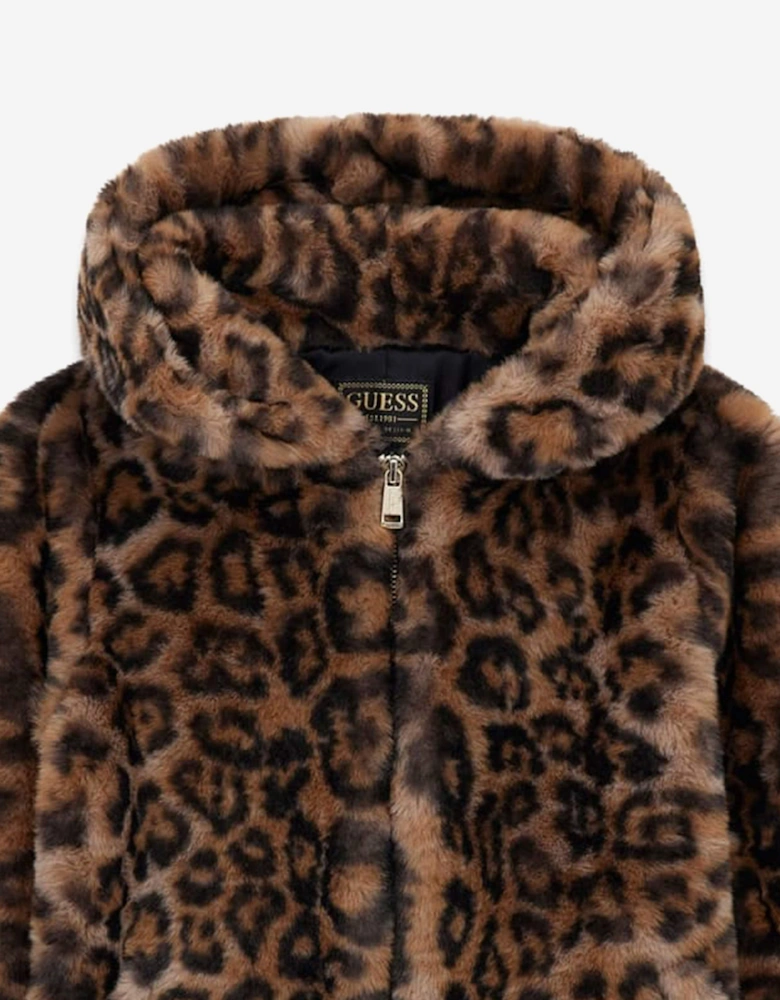 Girls Hooded Faux Fur Jacket in Brown