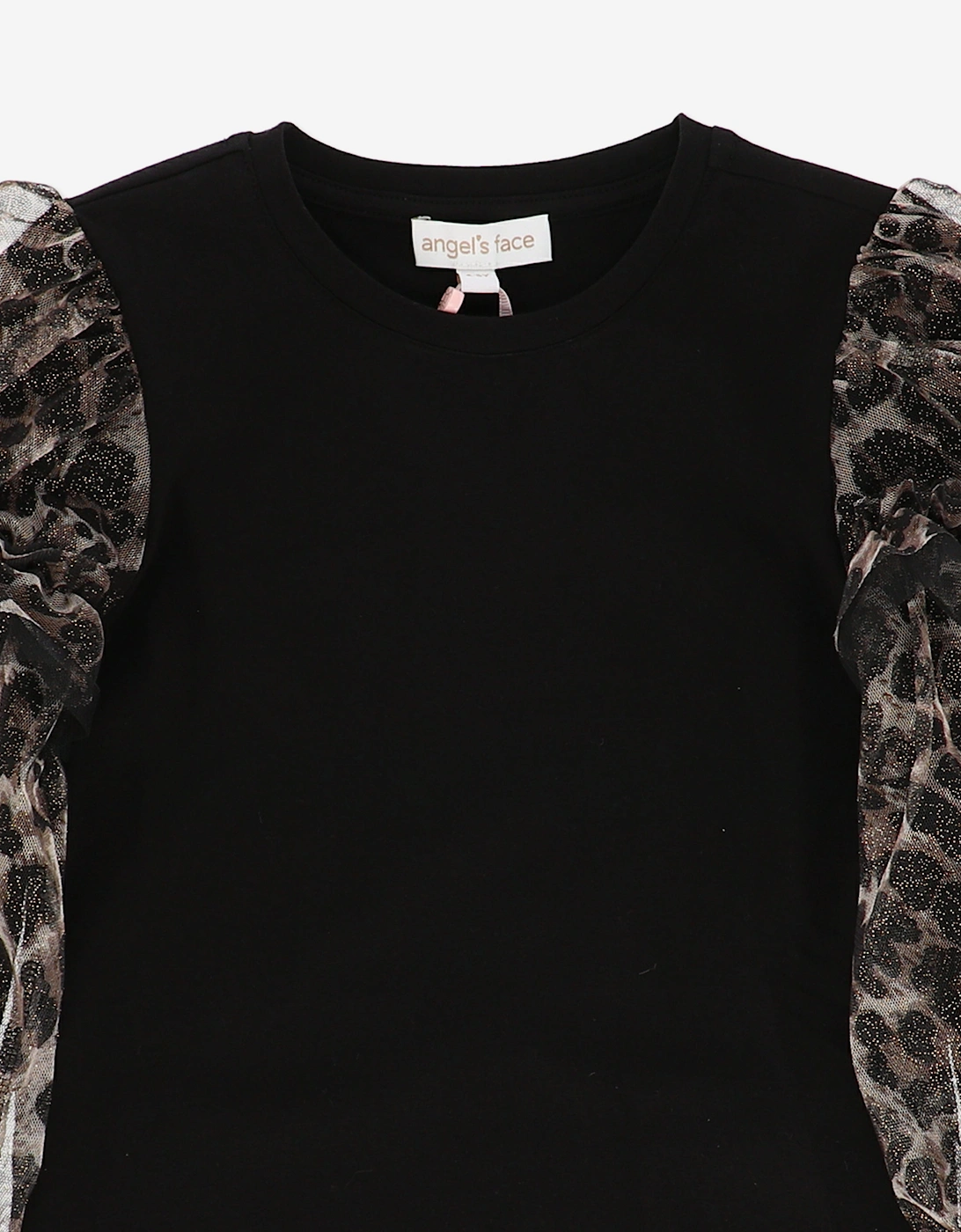 Angels Face Girls Lila Leopard Tulle Sleeve Top in Black