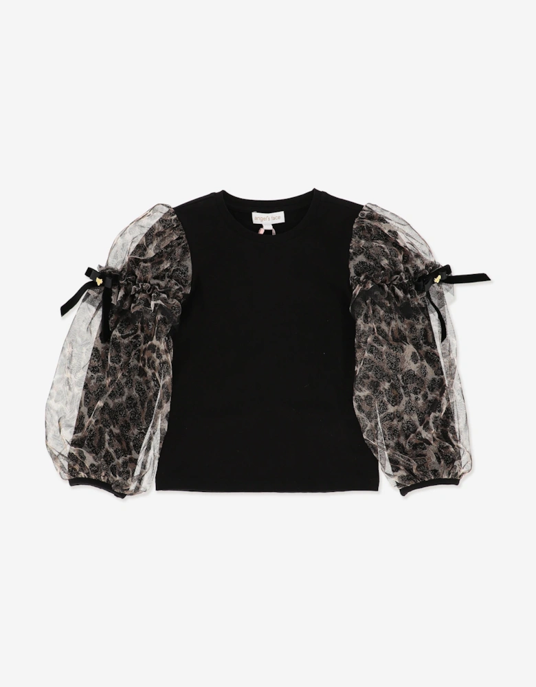 Angels Face Girls Lila Leopard Tulle Sleeve Top in Black