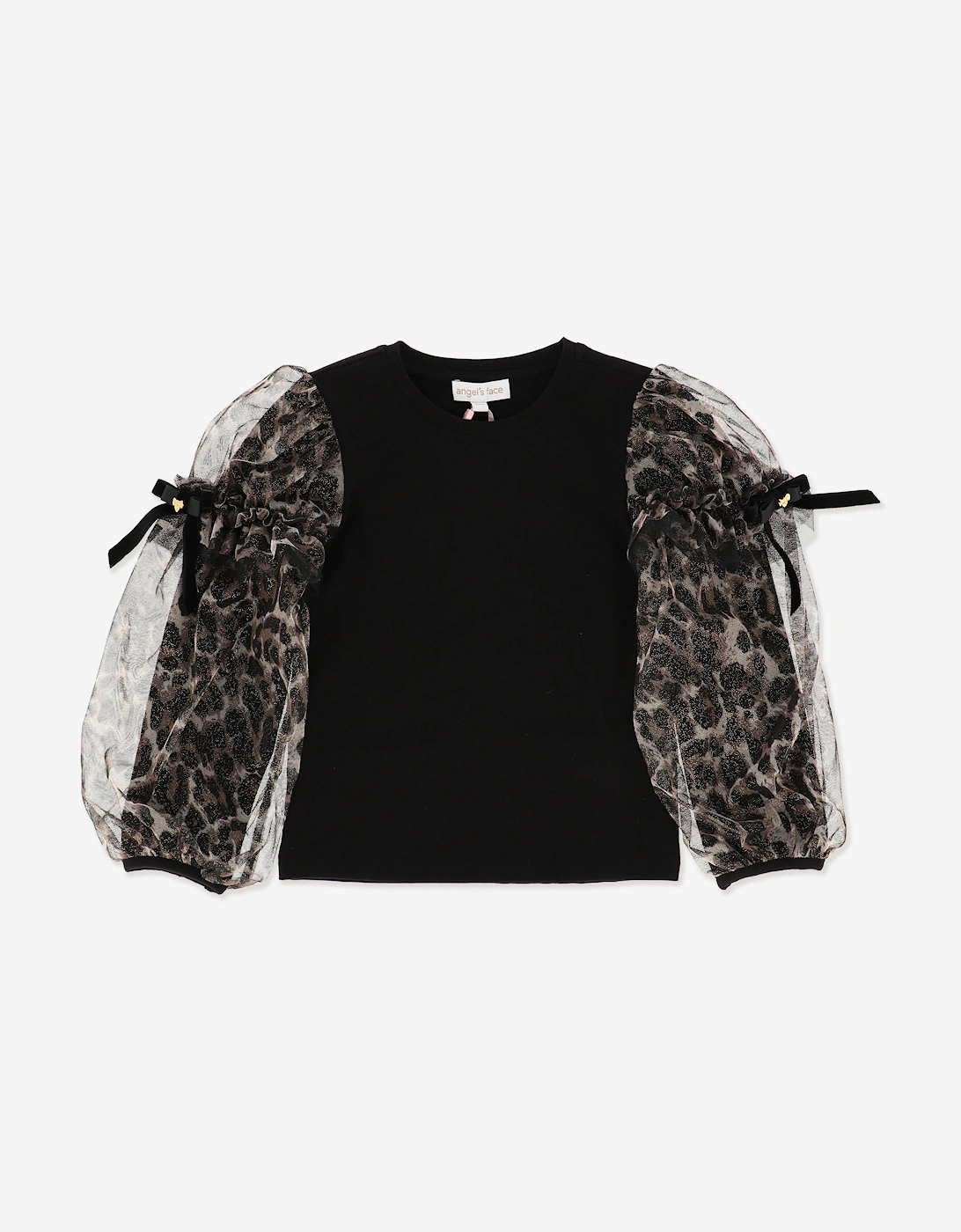 Angels Face Girls Lila Leopard Tulle Sleeve Top in Black, 5 of 4