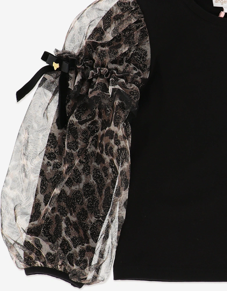 Angels Face Girls Lila Leopard Tulle Sleeve Top in Black
