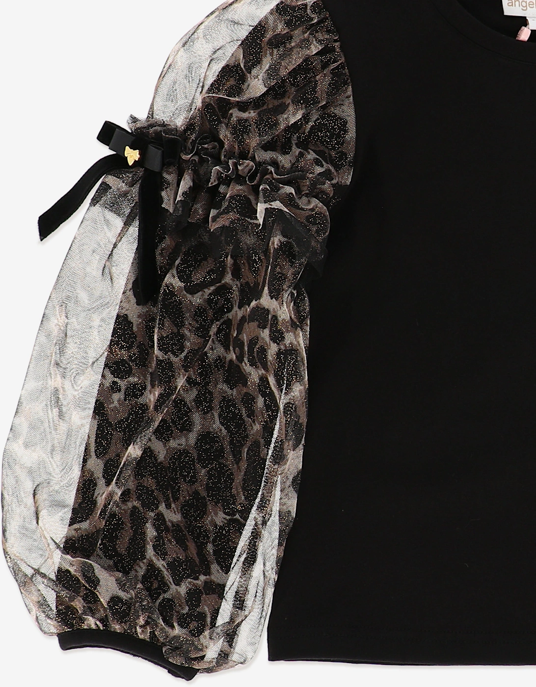 Angels Face Girls Lila Leopard Tulle Sleeve Top in Black