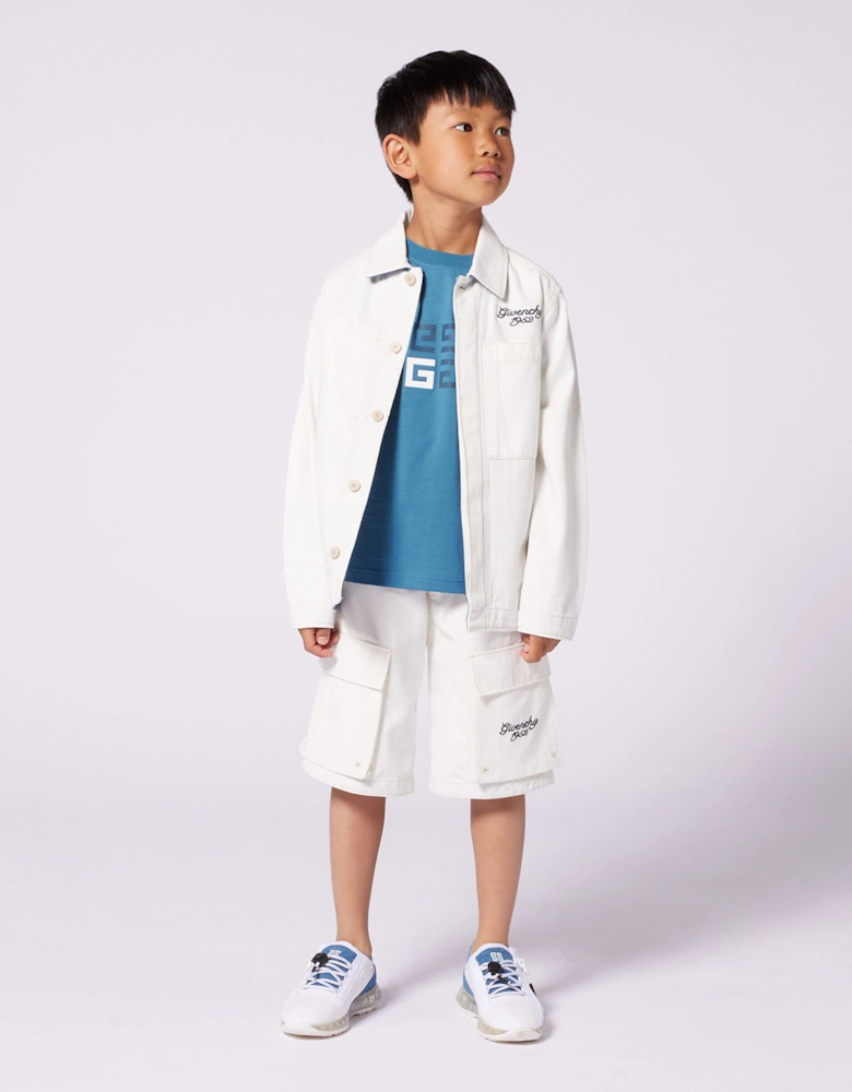 Boys Cotton Denim Logo Overshirt in Ivory