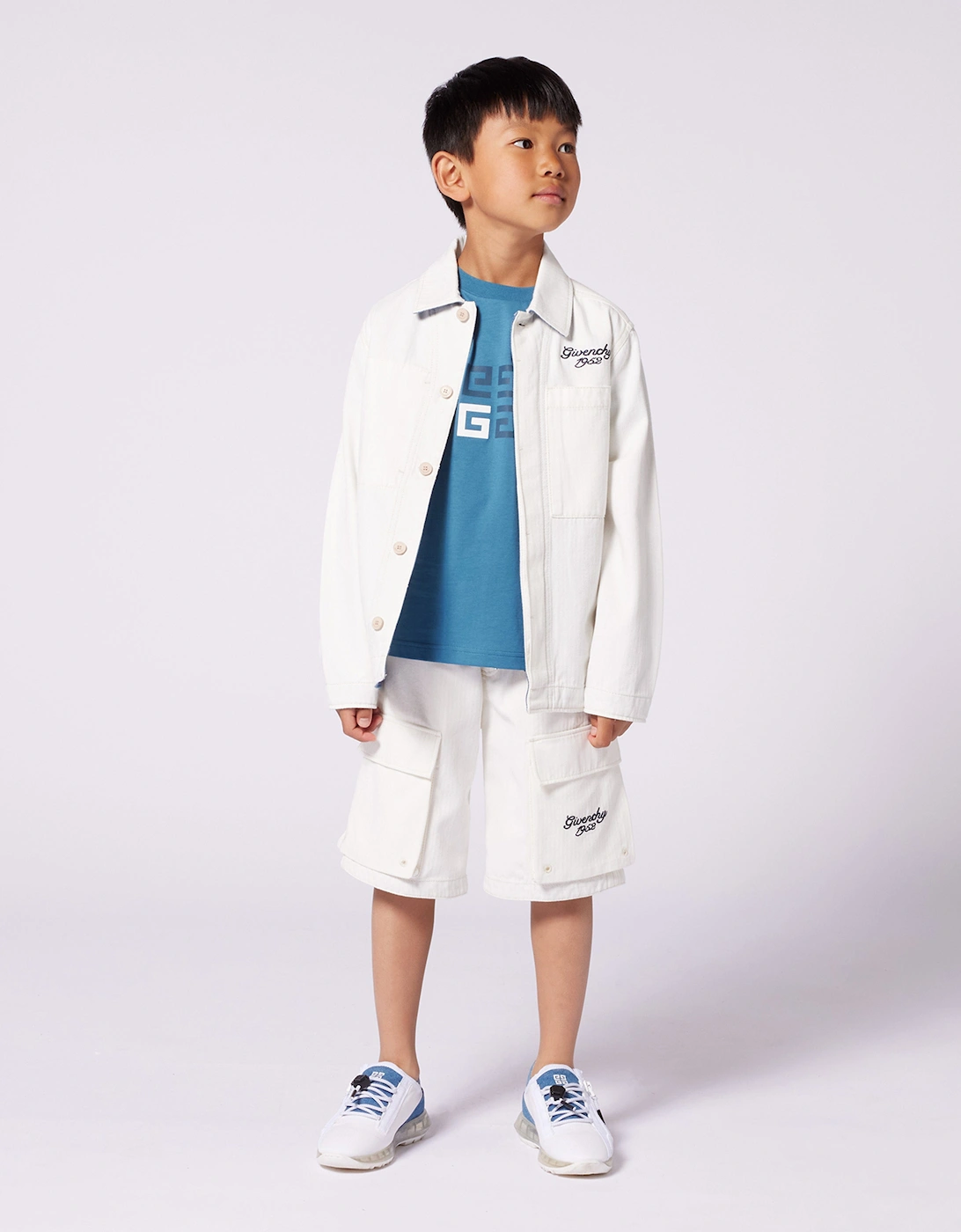Boys Cotton Denim Logo Overshirt in Ivory