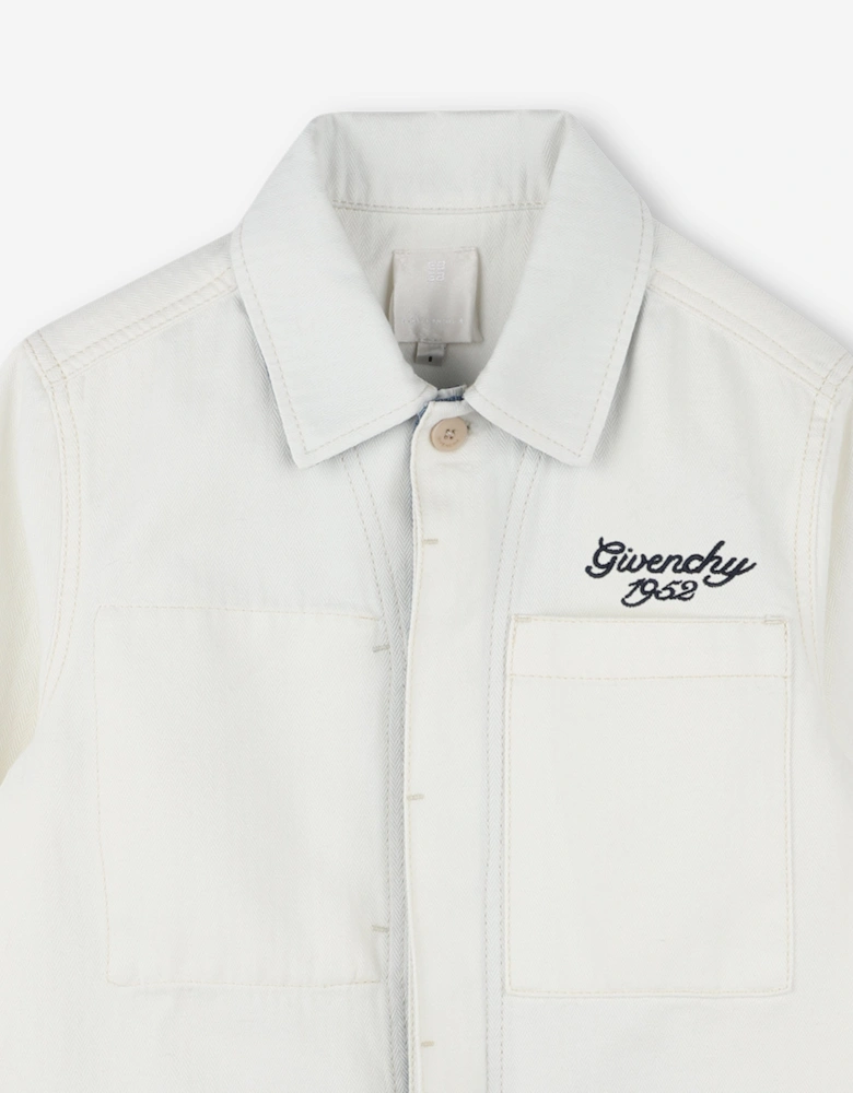 Boys Cotton Denim Logo Overshirt in Ivory