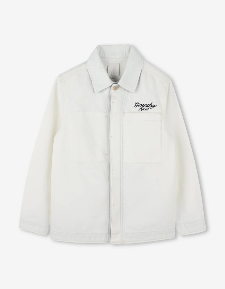 Boys Cotton Denim Logo Overshirt in Ivory