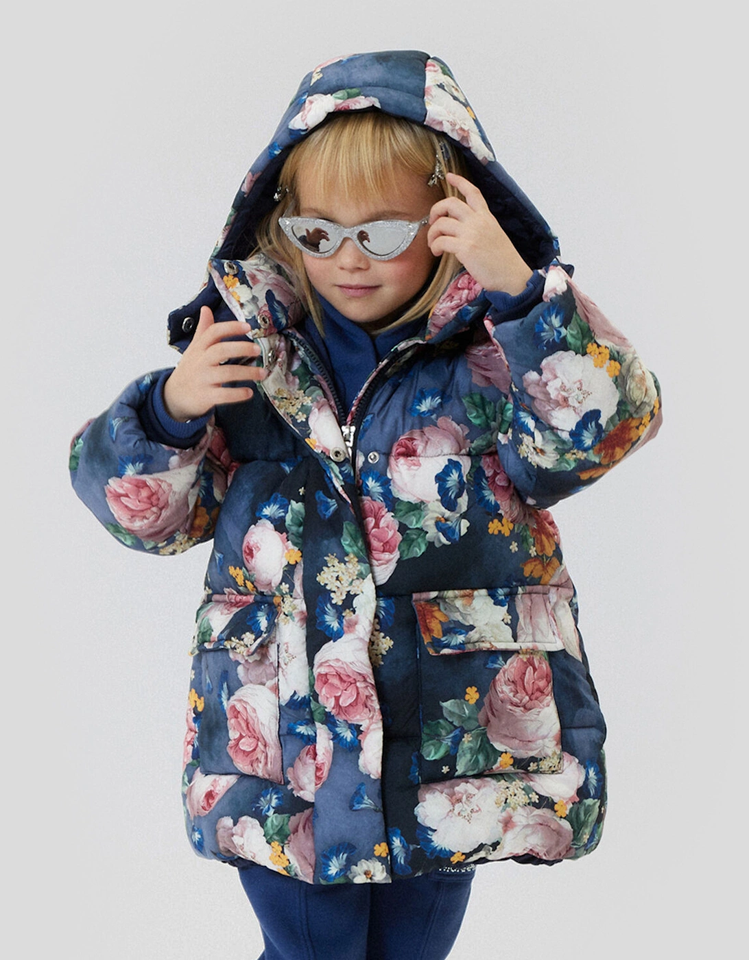 Girls Baroque Roses Puffer Jacket in Blue, 7 of 6