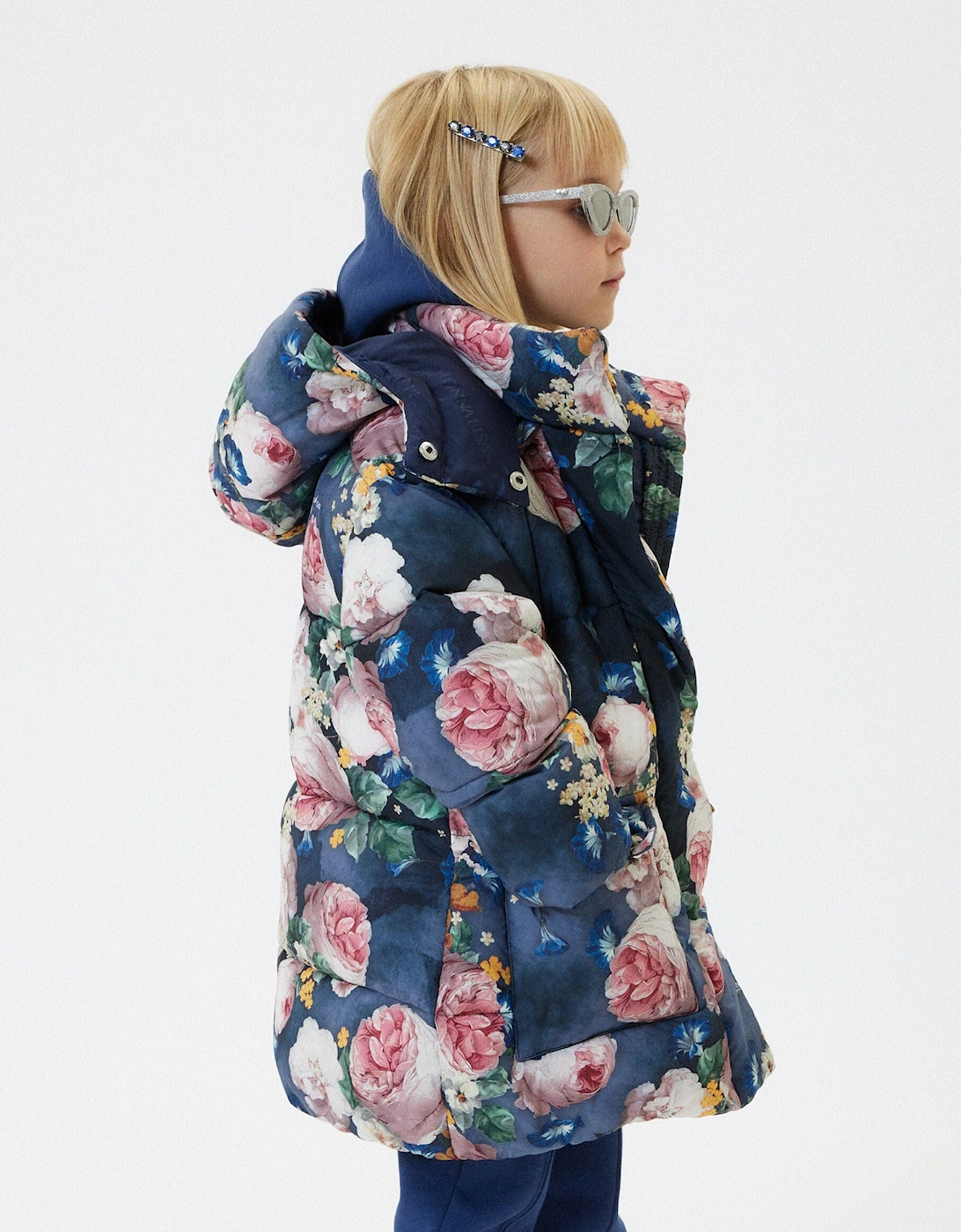 Girls Baroque Roses Puffer Jacket in Blue