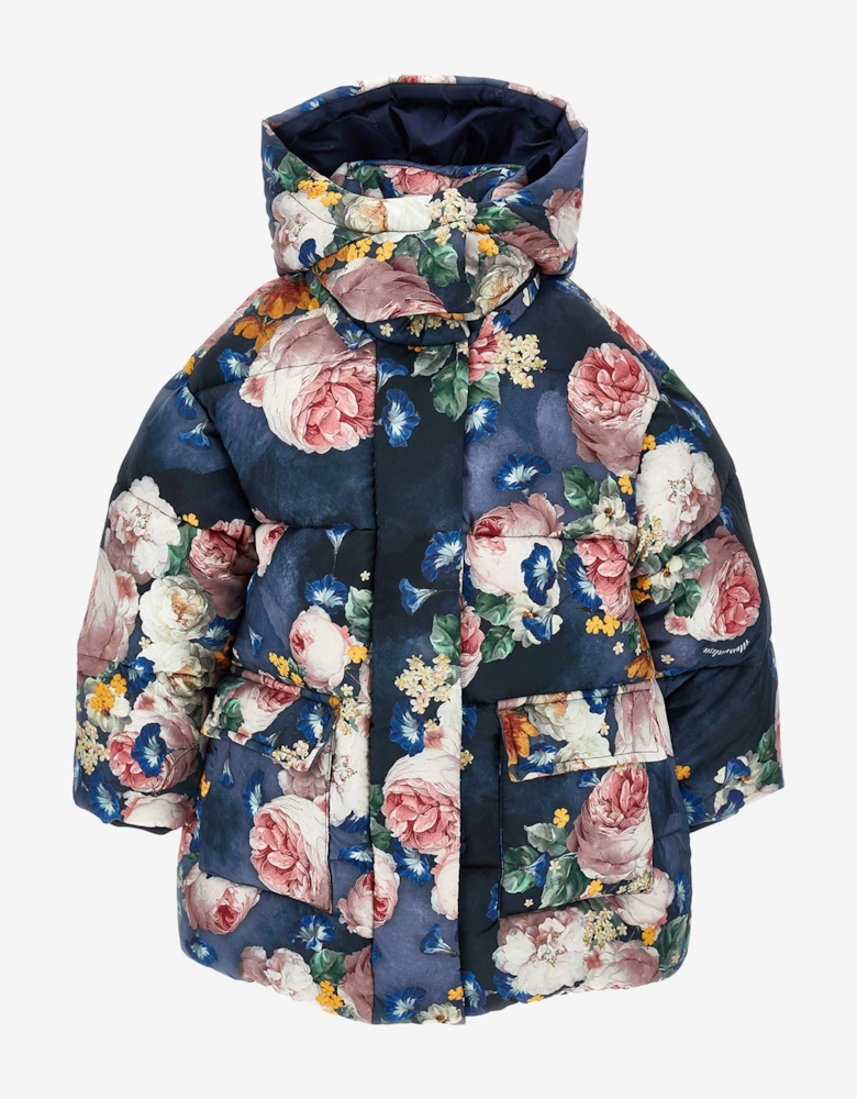 Girls Baroque Roses Puffer Jacket in Blue