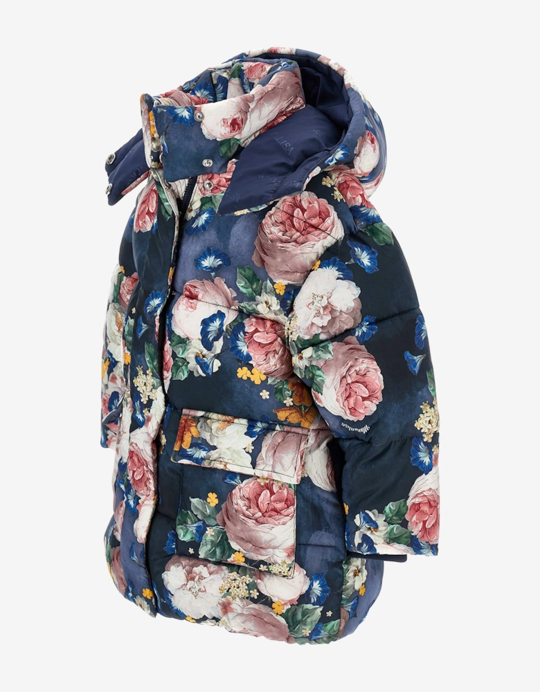 Girls Baroque Roses Puffer Jacket in Blue