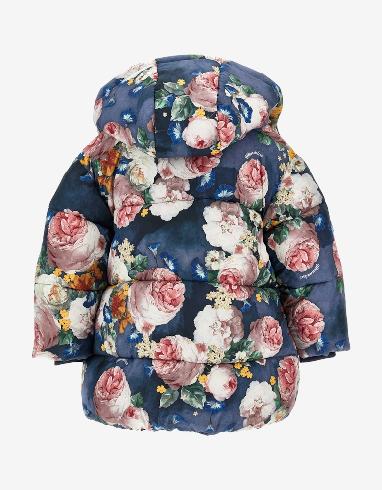 Girls Baroque Roses Puffer Jacket in Blue