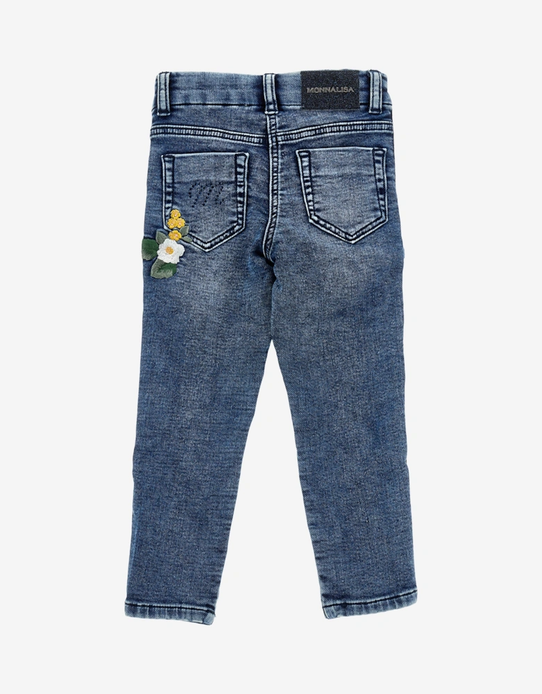 Girls Embroidered Denim Stretch Jeans in Blue