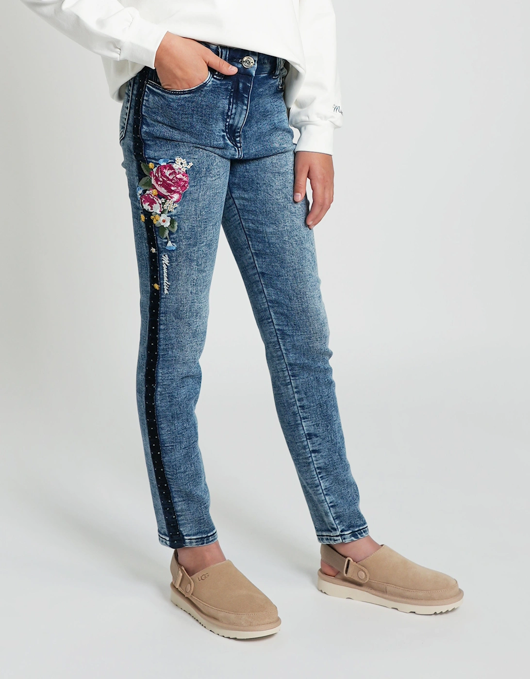 Girls Embroidered Denim Stretch Jeans in Blue, 7 of 6