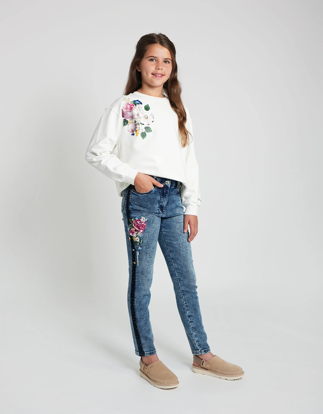 Girls Embroidered Denim Stretch Jeans in Blue