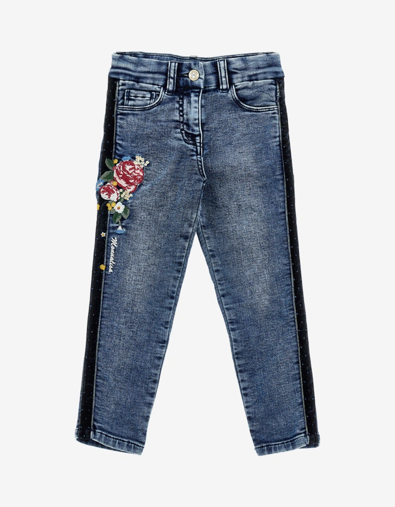 Girls Embroidered Denim Stretch Jeans in Blue