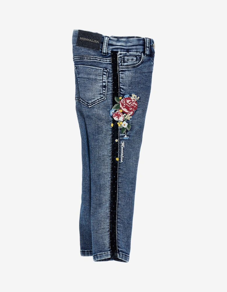 Girls Embroidered Denim Stretch Jeans in Blue