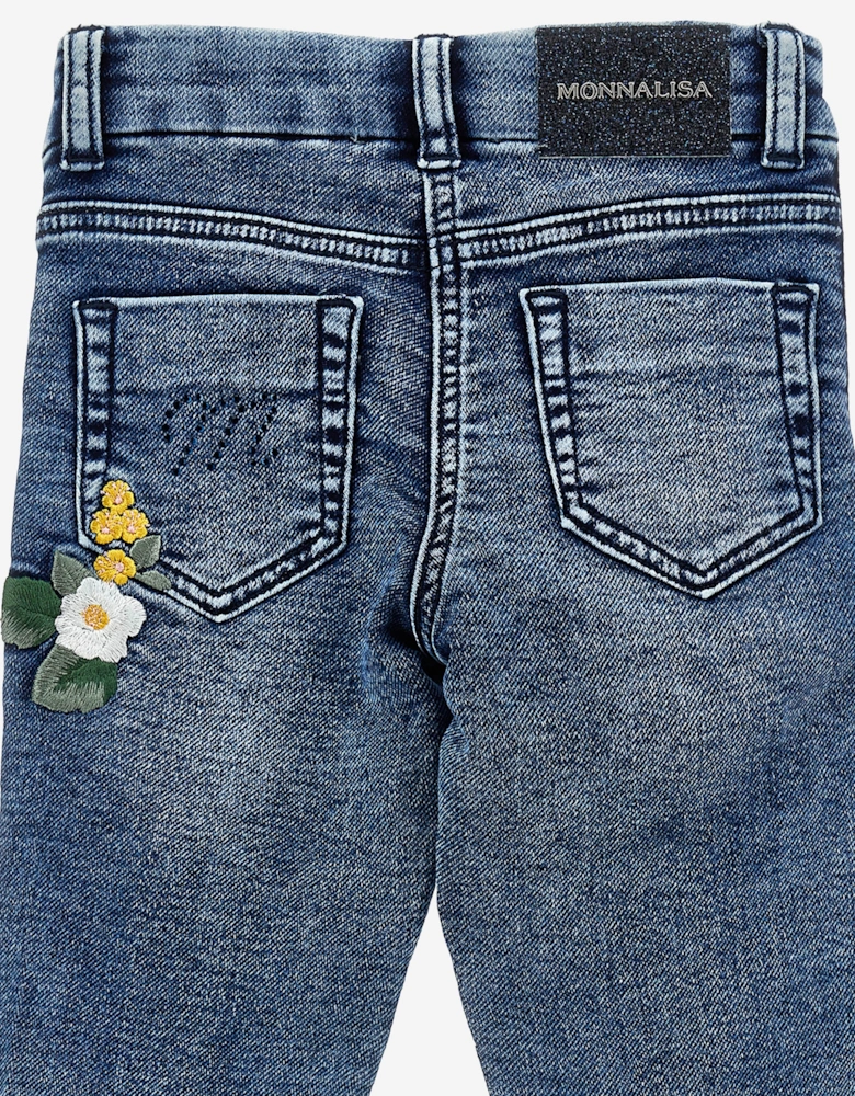 Girls Embroidered Denim Stretch Jeans in Blue