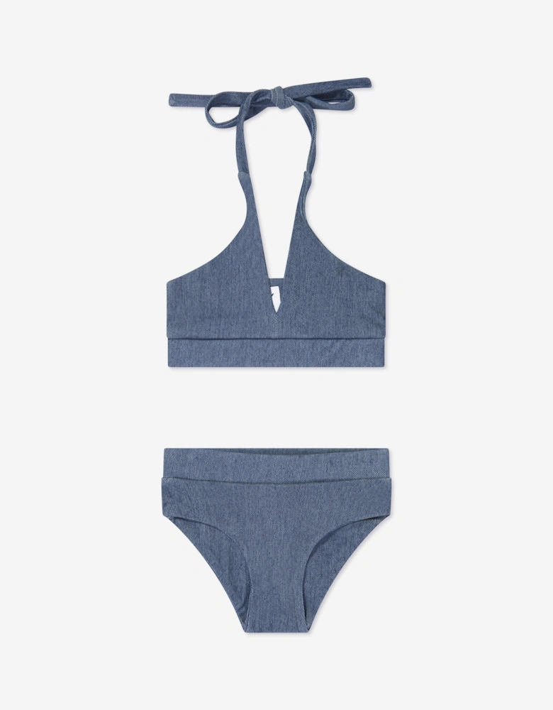 Girls Denim Look Halterneck Bikini in Blue