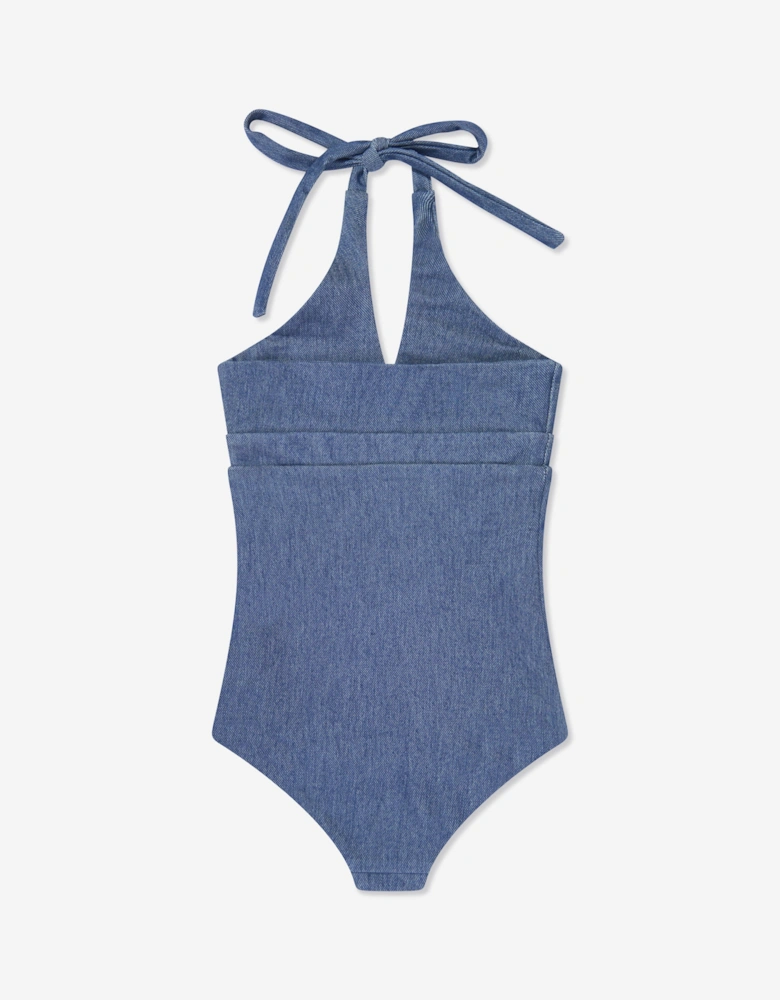 Girls Denim Look Halterneck Swimsuit in Blue