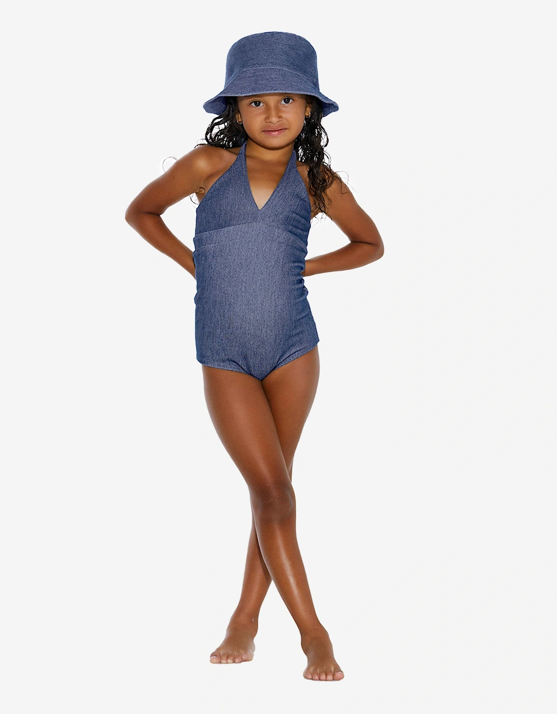 Girls Denim Look Halterneck Swimsuit in Blue