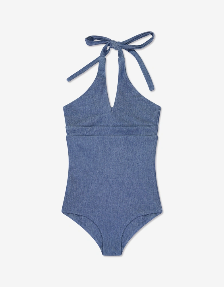 Girls Denim Look Halterneck Swimsuit in Blue