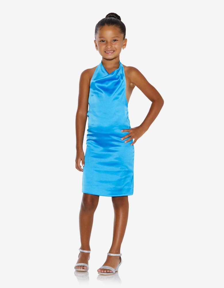 Girls Backless Satin Midi Dress in Blue