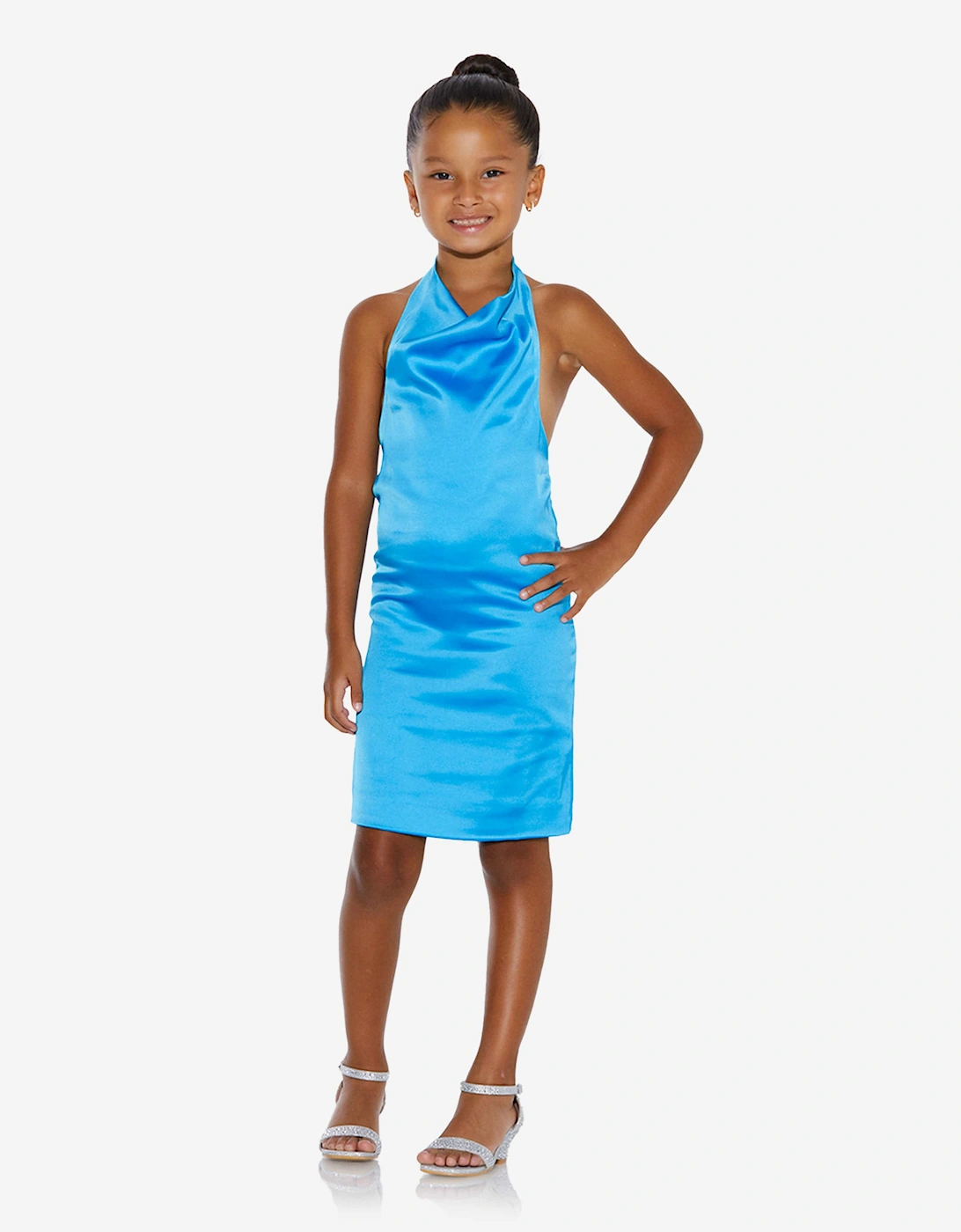 Girls Backless Satin Midi Dress in Blue, 6 of 5