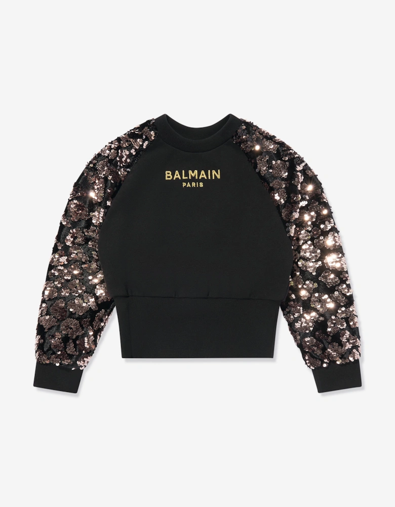 Girls Sequin Sleeve Sweatshirt in Black
