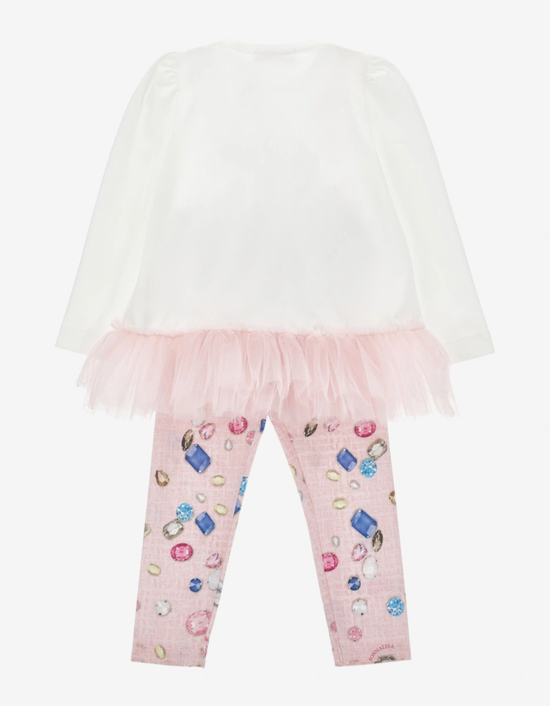 Girls Gem Print Leggings Set in White