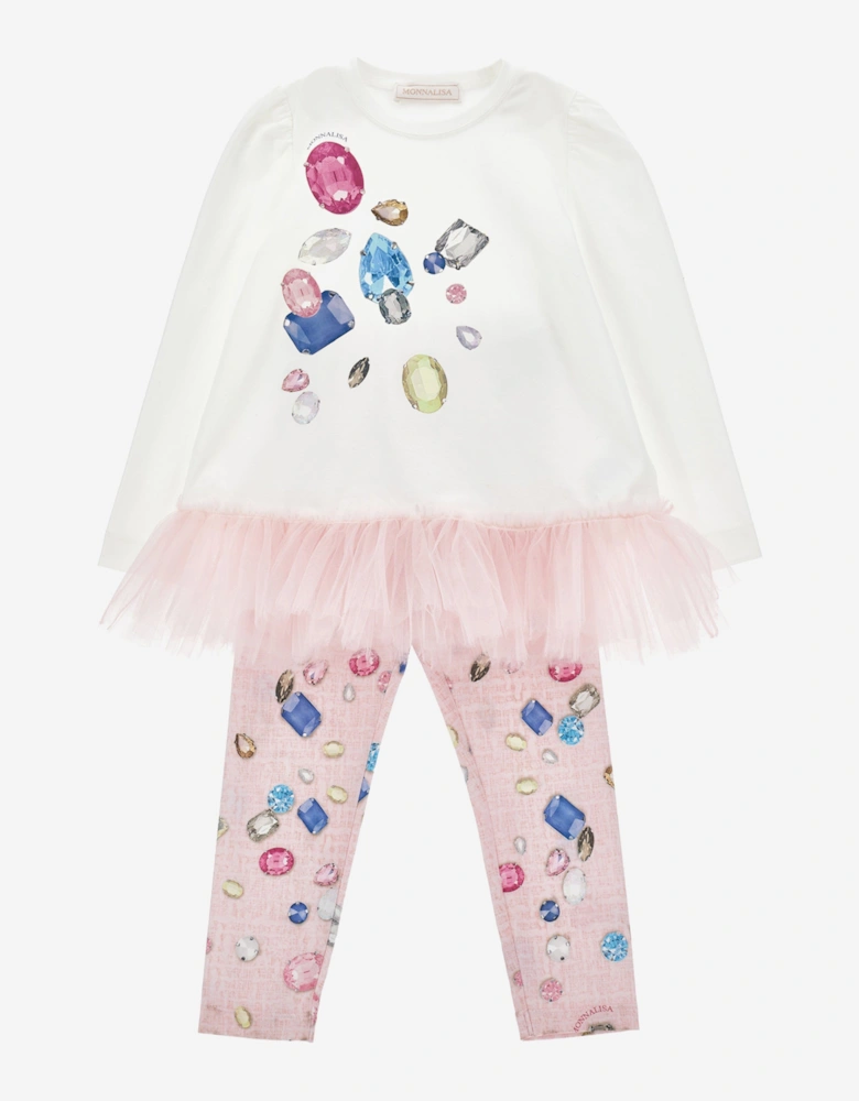 Girls Gem Print Leggings Set in White