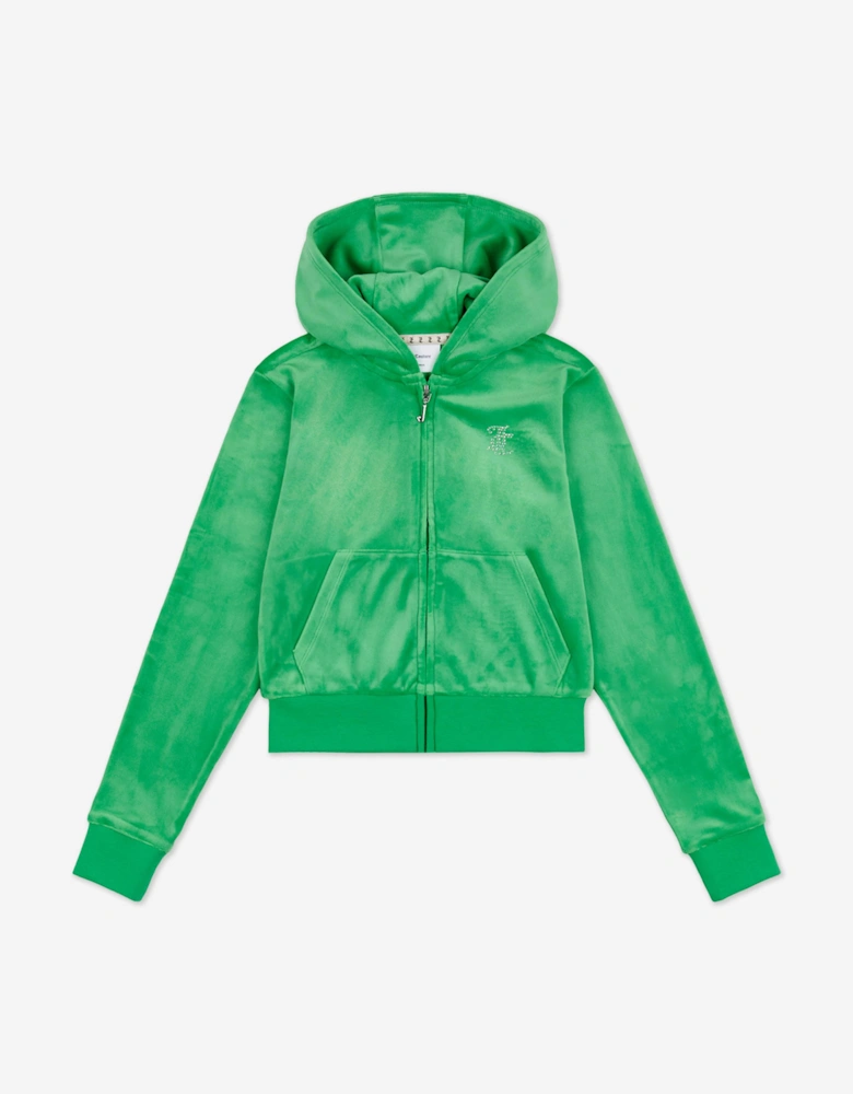 Girls Diamante Logo Zip Up Top in Green
