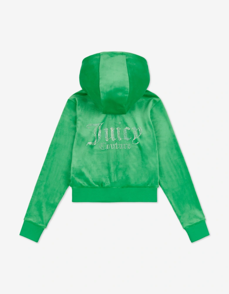 Girls Diamante Logo Zip Up Top in Green