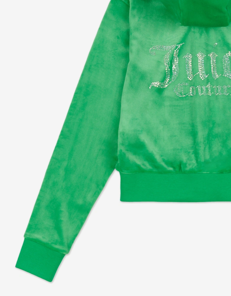 Girls Diamante Logo Zip Up Top in Green