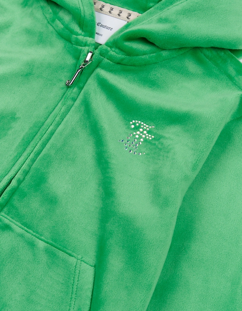Girls Diamante Logo Zip Up Top in Green
