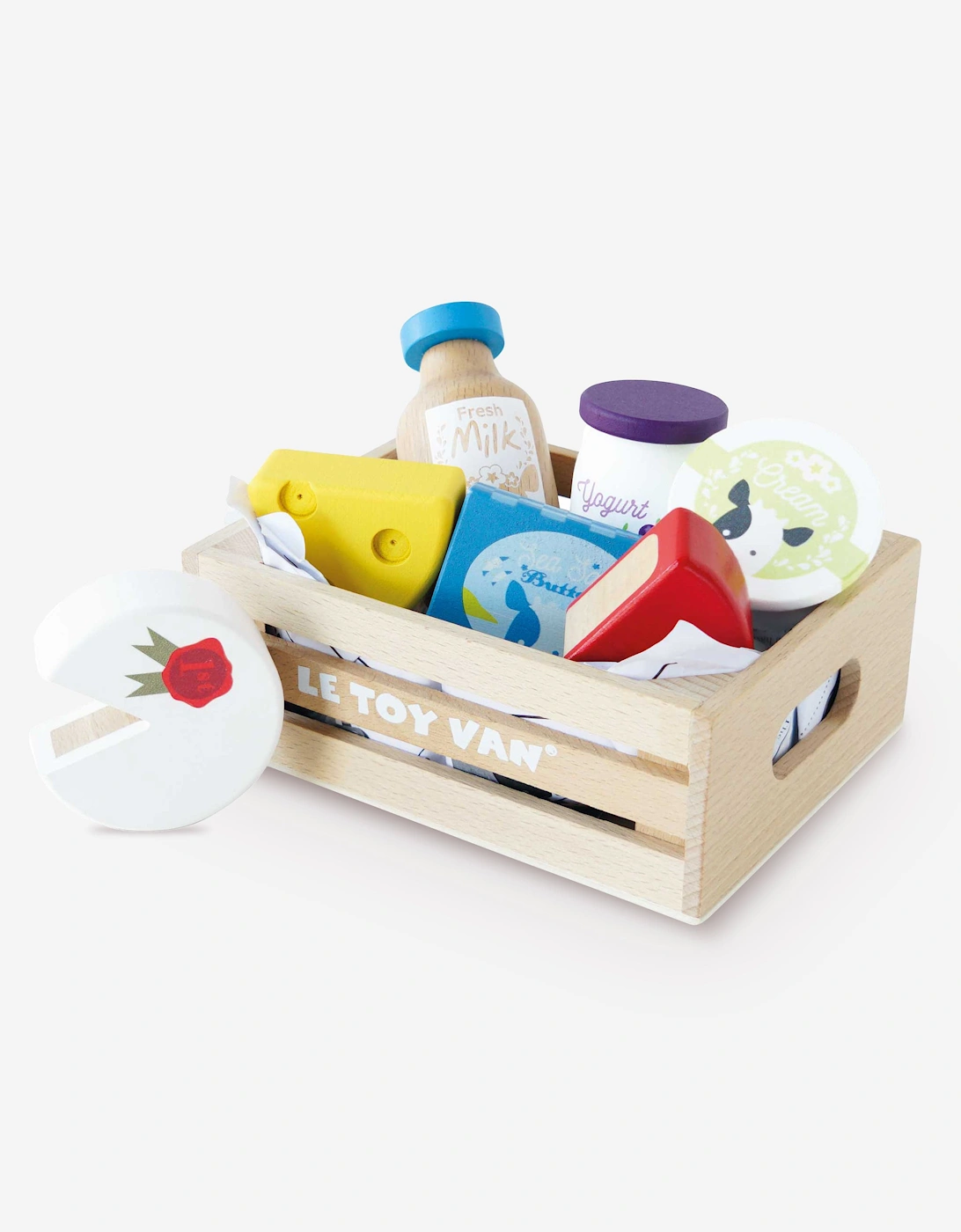 Le Toy Van Unisex Multi Cheese & Dairy Wooden Market Crate-8 Piece (W16cm D11.8cm H6cm) - Size One Size, Kids