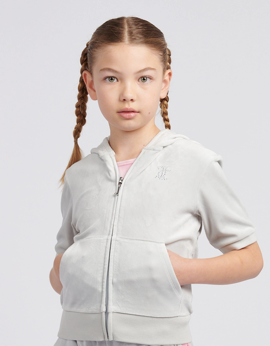 Girls Diamante Logo Zip Up Hoodie in Grey, 5 of 4