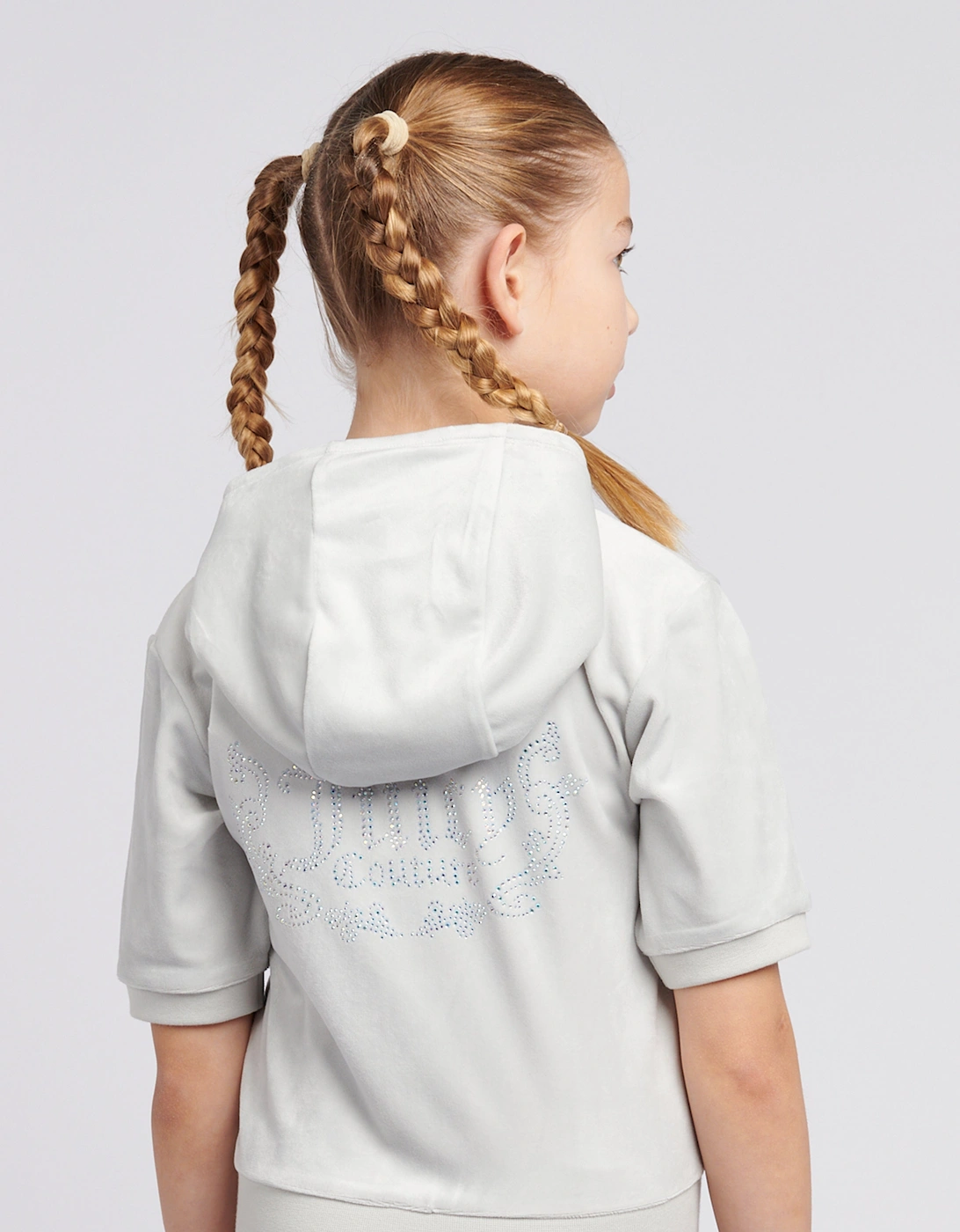Girls Diamante Logo Zip Up Hoodie in Grey