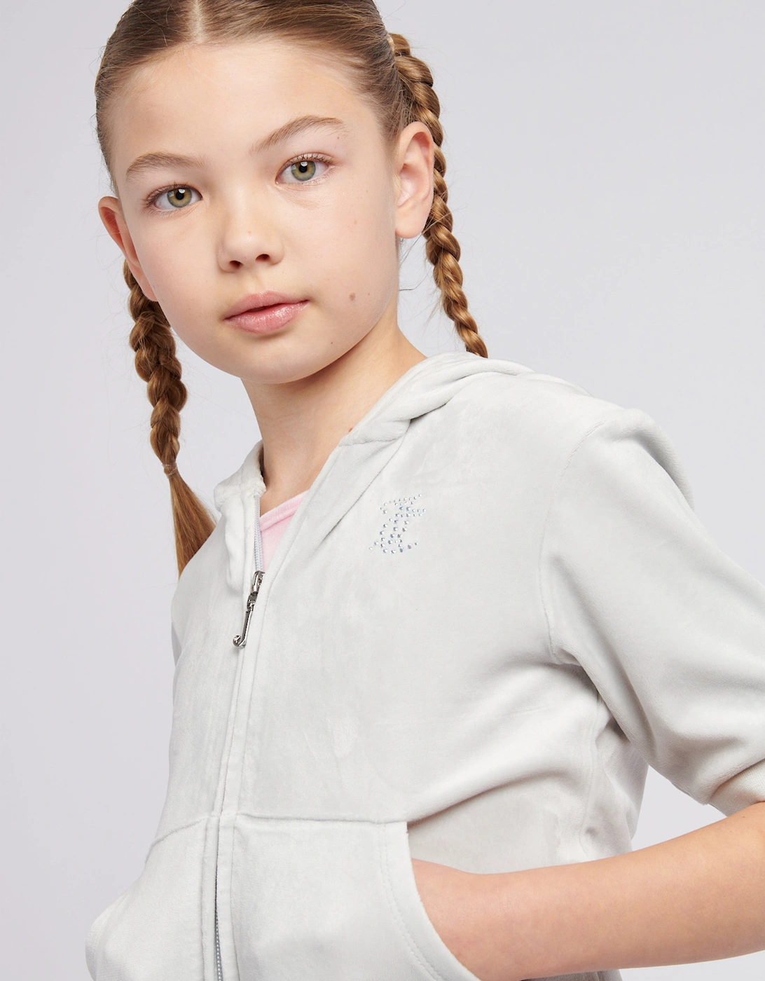 Girls Diamante Logo Zip Up Hoodie in Grey