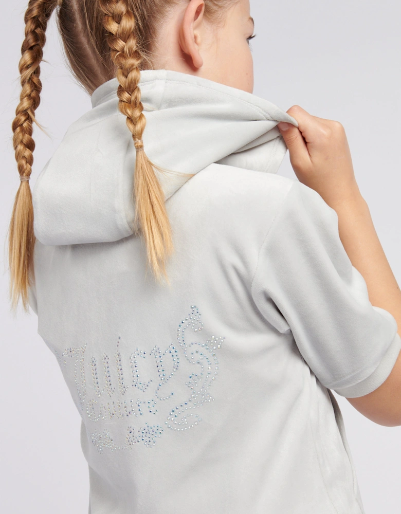 Girls Diamante Logo Zip Up Hoodie in Grey