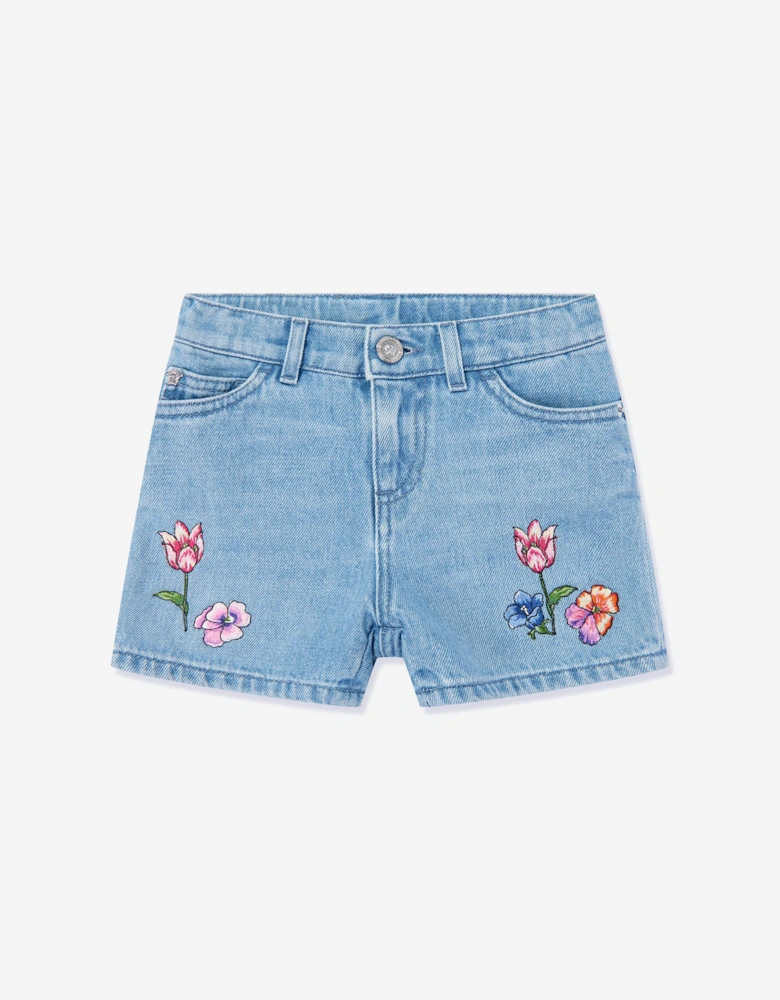 Girls Embroidered Flowers Denim Shorts in Blue