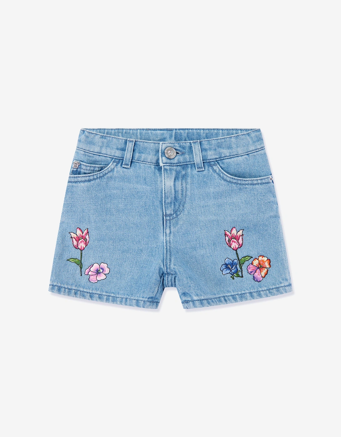 Girls Embroidered Flowers Denim Shorts in Blue, 5 of 4