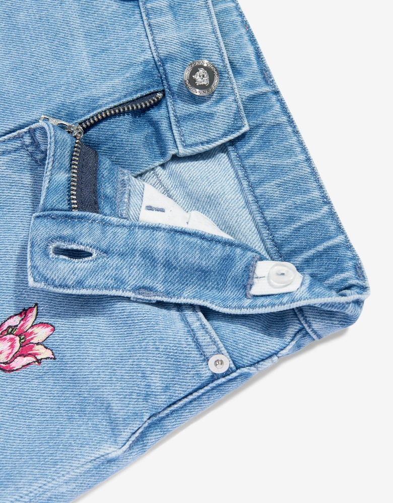 Girls Embroidered Flowers Denim Shorts in Blue