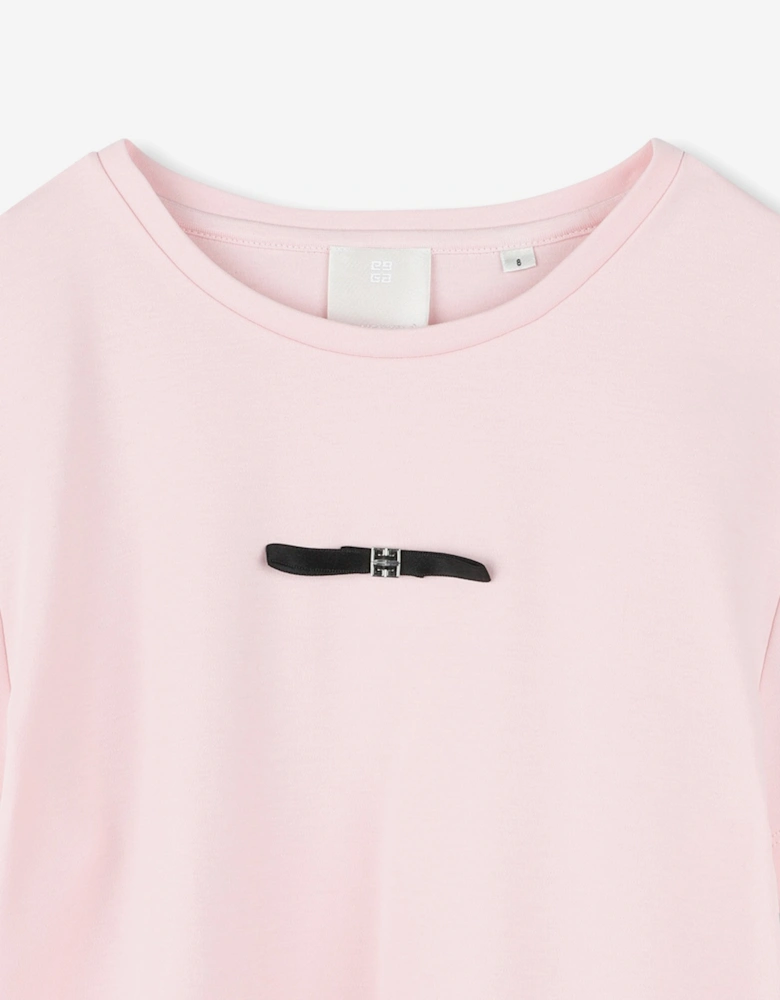 Girls 4G Satin Bow T-Shirt in Pink