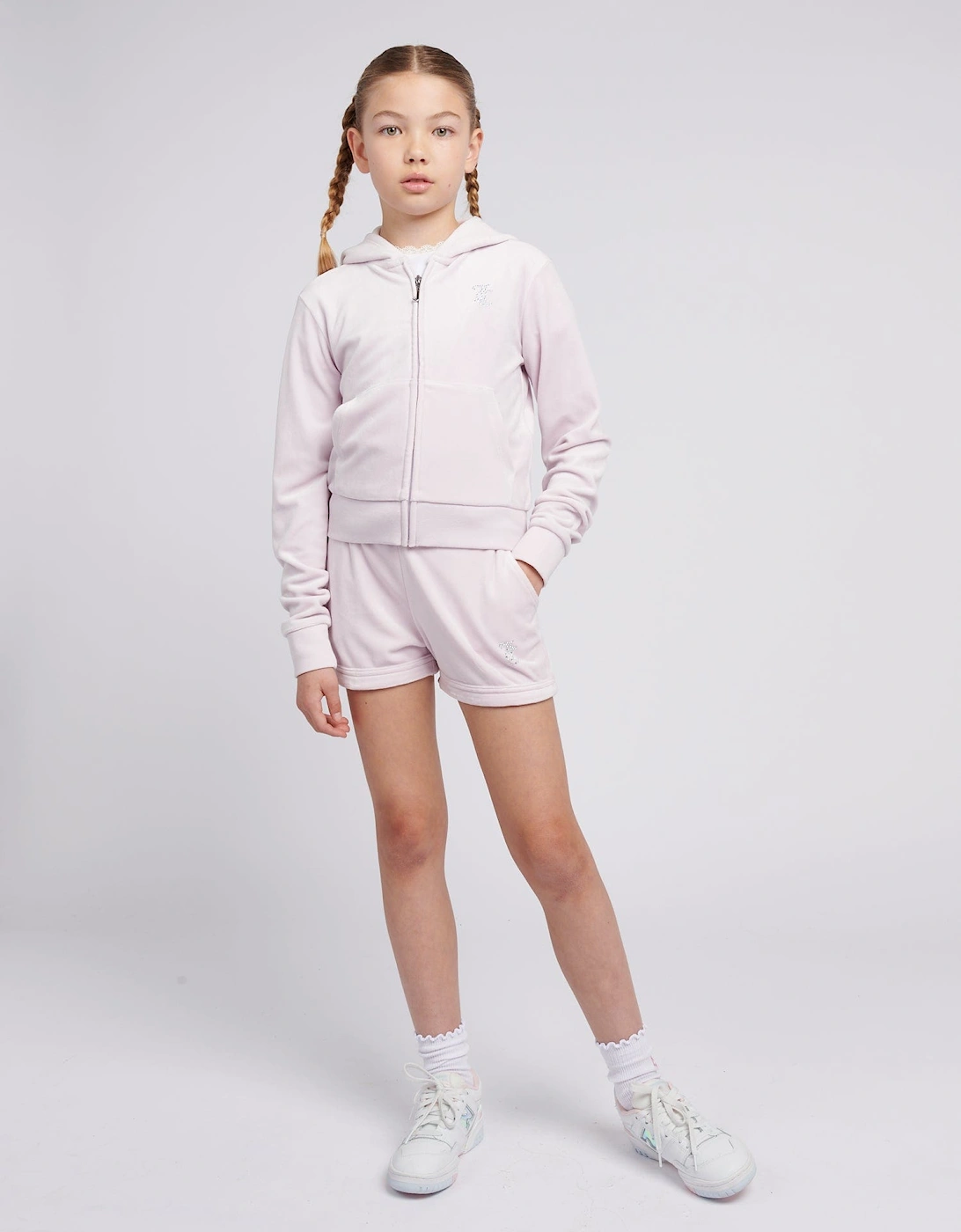 Girls Diamante Velour Fold Up Shorts in Purple