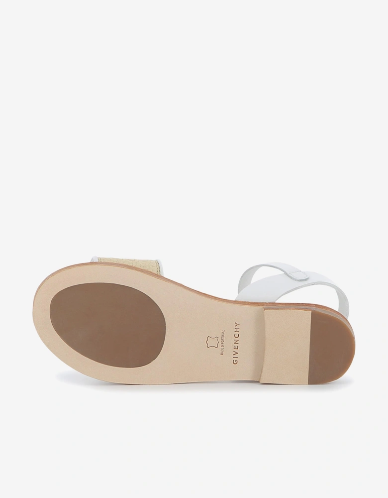 Girls Leather and Raphia Logo Sandals in White