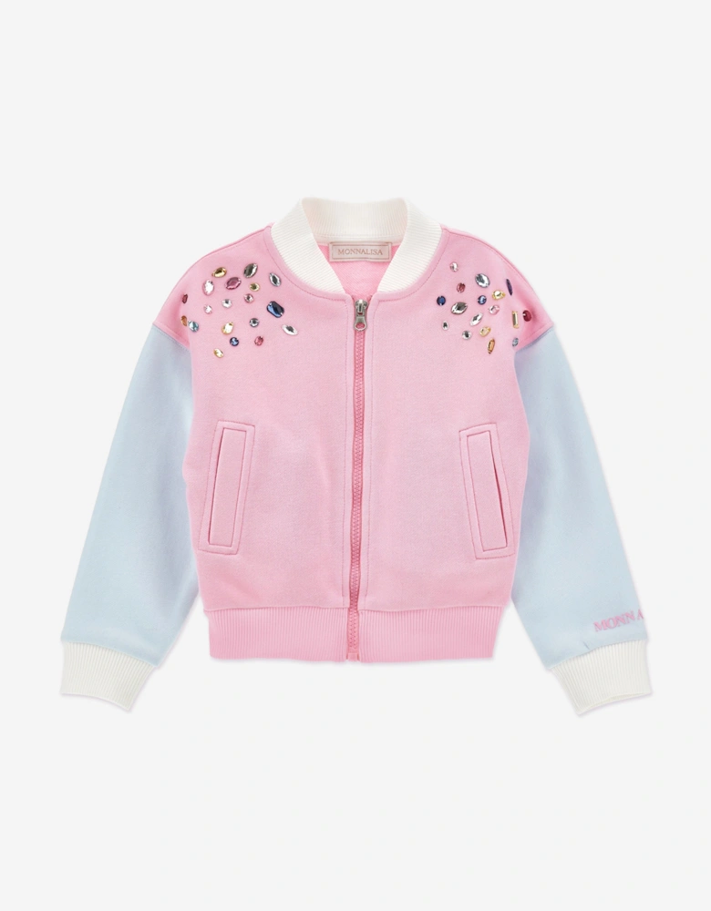 Girls Embellished Bomber Zip Up in Pink
