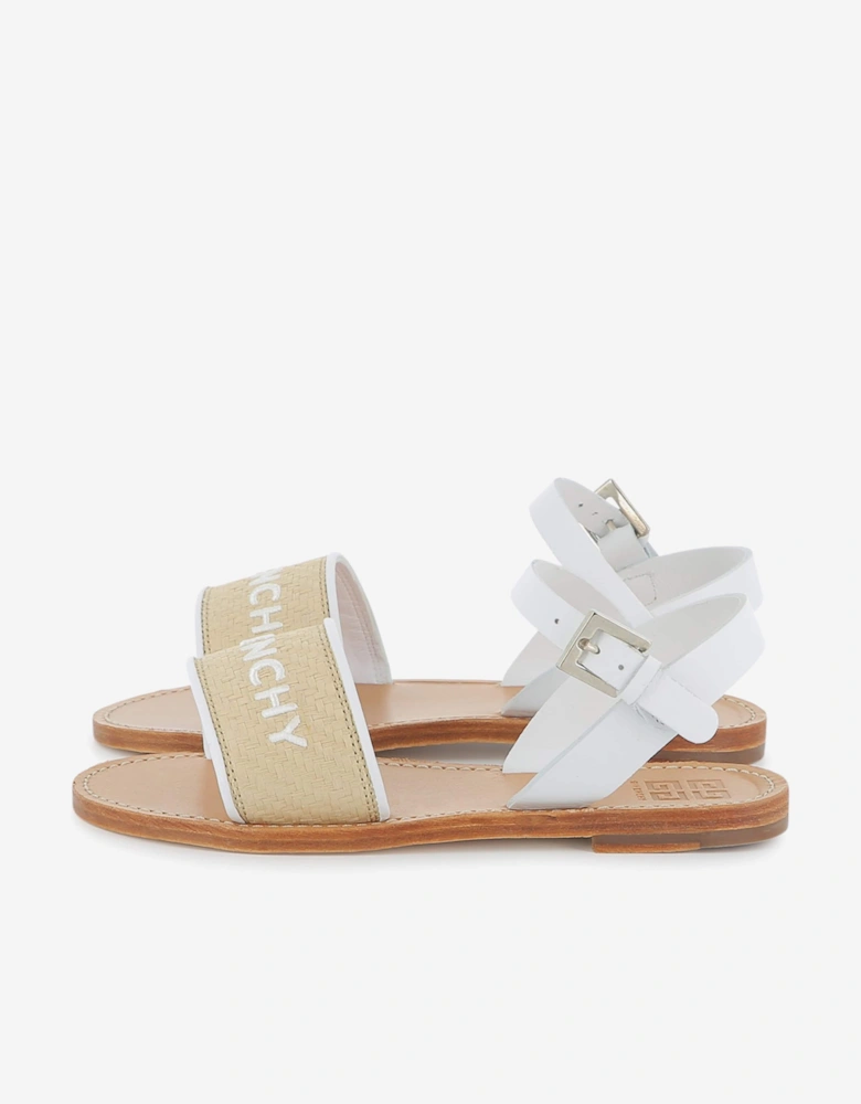 Girls Leather and Raphia Logo Sandals in White