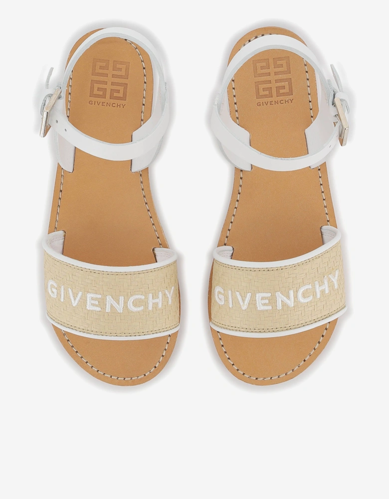 Girls Leather and Raphia Logo Sandals in White