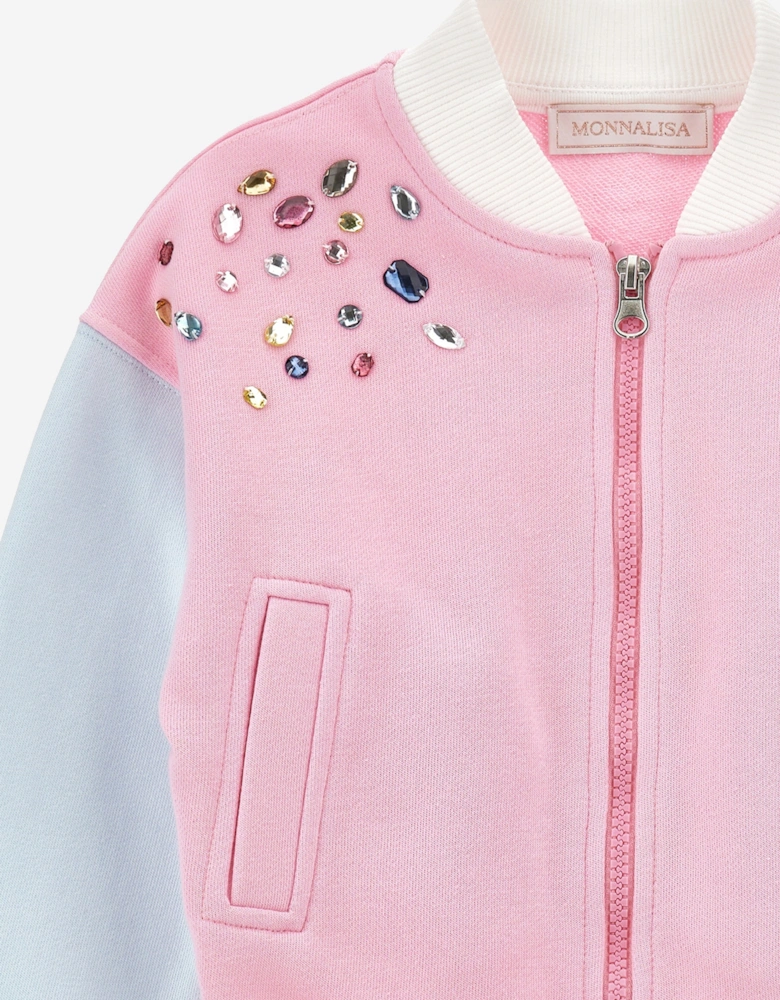 Girls Embellished Bomber Zip Up in Pink