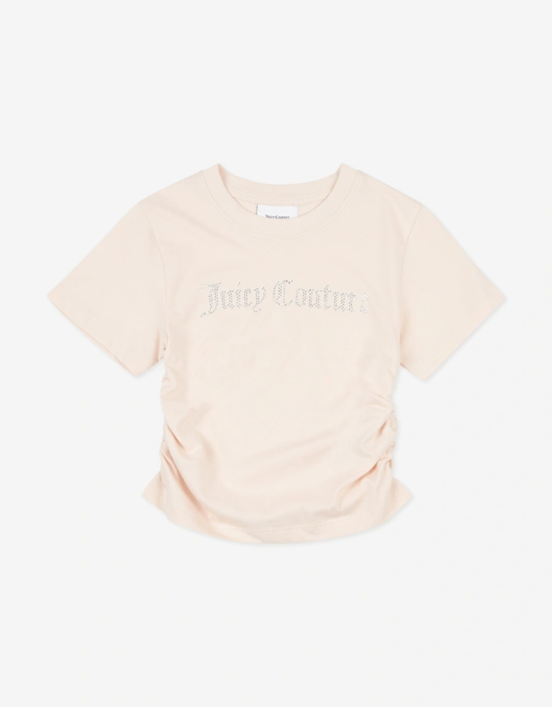 Girls Diamante Logo T-Shirt in Beige